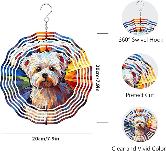 Maltese Dog Wind Spinner Pet Dog Memorial Gifts, Vibrant 3D Kinetic Aluminum Metal Yard Art, Loss of Dogs Sympathy Gifts, Hanging Outdoor Garden Decor, 8" Wind Sculptures for Patio, Porch (Maltese6)