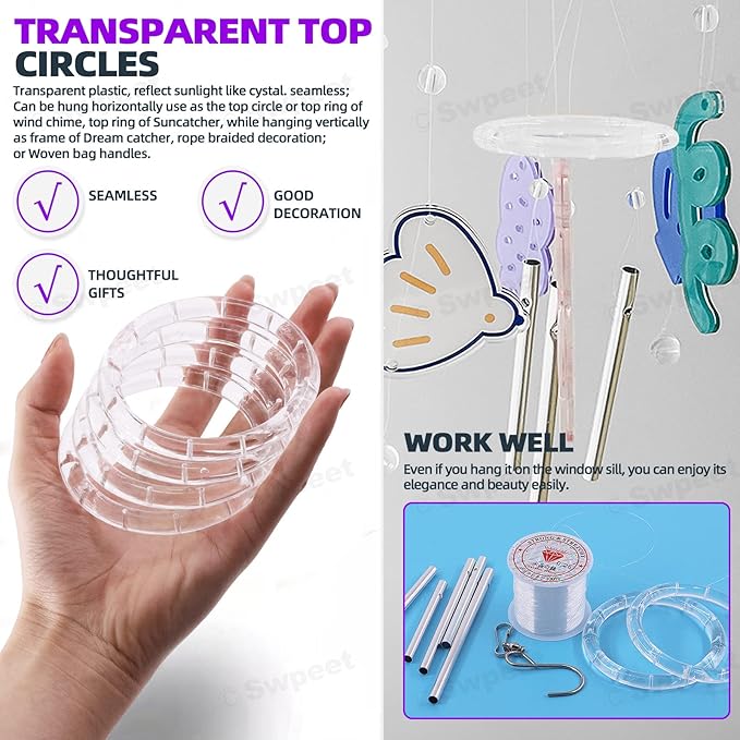 Swpeet 60Pcs Wind Chime Tubes Parts and Transparent Top Circles of Wind Chime with 100 Yard Wind Chime Wire and Swivel Hooks Clips Making