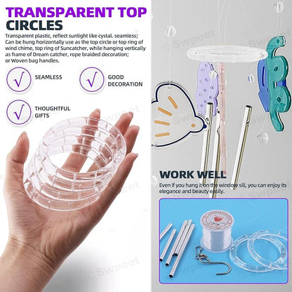 Swpeet 60Pcs Wind Chime Tubes Parts and Transparent Top Circles of Wind Chime with 100 Yard Wind Chime Wire and Swivel Hooks Clips Making
