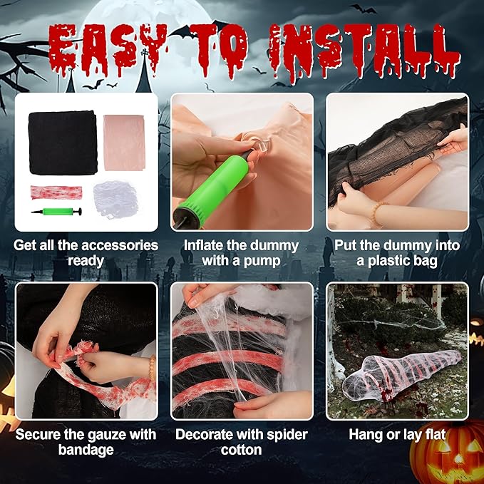 2 Sets Halloween Hanging Cocoon Corpse, 64'' Bloody Inflatable Cocoon Outdoor Decoration Set with Bandage, Scary Dead Body Prop Decor for Outdoor Halloween Party House Yard (Black)