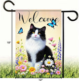 BlissYard Welcome Garden Flag Spring Summer Cat Garden Flag 12x18 Inch Double Sided Flags Black White Cat Floral Butterfly Outdoor Yard Lawn Porch Decor Banner