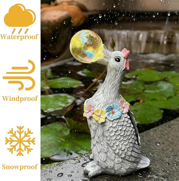 Solar Garden Duck Statue with LED Lights, Waterproof Outdoor Decor for Patio Lawn Yard, Cute Resin Duck Ornament with Unique Bubble Design, Ideal Gift for Women Mom-Gary