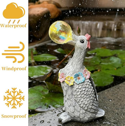 Solar Garden Duck Statue with LED Lights, Waterproof Outdoor Decor for Patio Lawn Yard, Cute Resin Duck Ornament with Unique Bubble Design, Ideal Gift for Women Mom-Gary