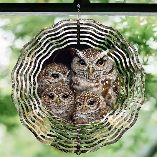 10 Inch Owl Wind Spinner, 3D Laser Cut Metal Hanging Kinetic Wind Rustproof Sculpture for Garden Yard Art Indoor Outdoor Window Porch Decor, Women Mom Wife Mothers Day Idea