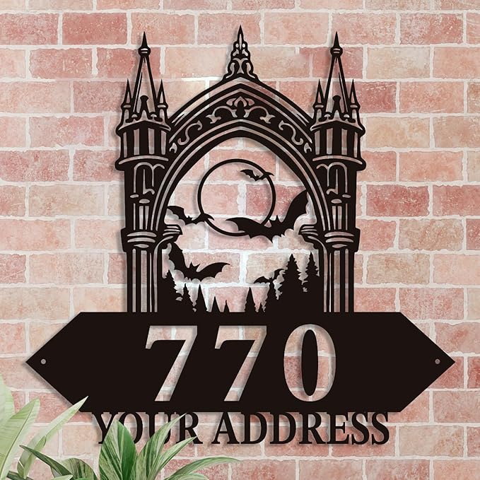 Personalized Gothic House Number metal Signs,Custom Address Number Metal Wall Art Decor,Black Plaques Outdoor wall Decorative Signage,Shed(8-30 Inches) (Castle B)
