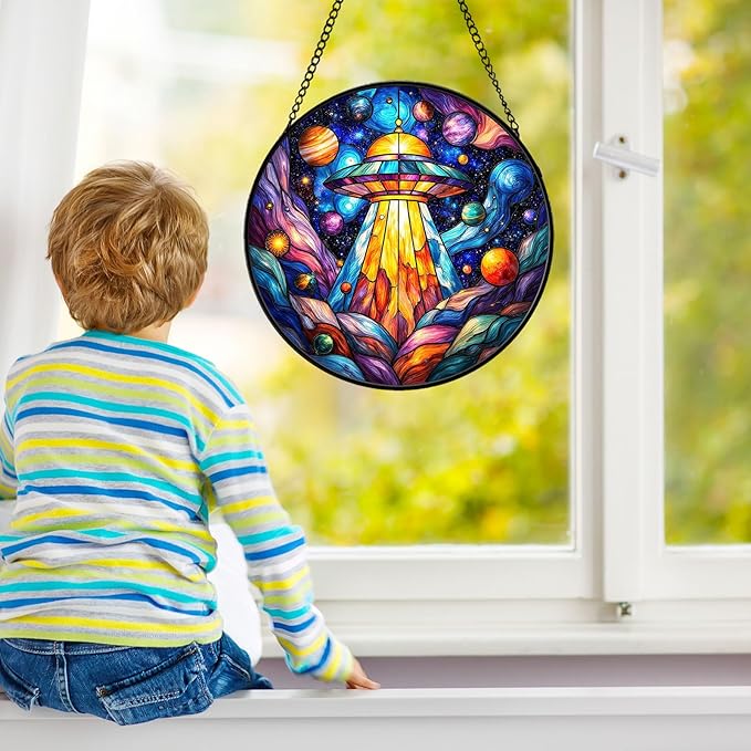 UFO Stained Glass Suncather for Window Hanging, 6.3'' Cosmic Alien Spaceship Ornament Gift for Women, Galaxy Wall Art Home Decor Gift for Sci-Fi Lovers & Dreamer (Blue Galaxy, 6.3'')