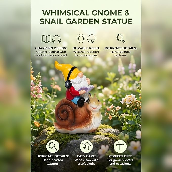 Ferrisland Garden Gnomes Snail Outdoor Figurines with Solar Lights, 10.4 inches Resin Solar Gnomes Decoration Yard Outdoor Garden, Patio Yard Lawn Birthday Housewarming Mother's Day（Gnome on Snail）