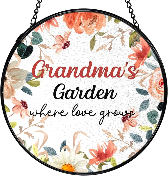 Grandma Garden Gifts Suncatchers Stained Glass Window Hanging, Grandmother Gifts for Mother's Day, Grandma's Garden Flower Sun Catchers Indoor Window, 7.9x7.9in