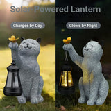 Solar Cat Garden Statue Outdoor Decor, Cat Sculpture with Lantern and Butterfly for Yard Lawn Patio Balcony, Christmas, Birthday Housewarming Gifts for Mom, Grandma, Women, 9.4 inch, Resin