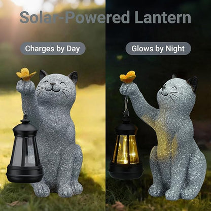Solar Cat Garden Statue Outdoor Decor, Cat Sculpture with Lantern and Butterfly for Yard Lawn Patio Balcony, Christmas, Birthday Housewarming Gifts for Mom, Grandma, Women, 9.4 inch, Resin