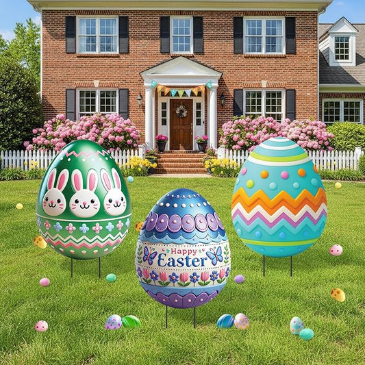 DoubleFill 3 Pcs Easter Decorations Outdoor 3D Metal Easter Eggs Yard Signs Decorative Garden Stakes Eggs Bunny Lawn Decorations Yard Decor for Spring Ornament Lawn Pathway Garden(Classic Style)