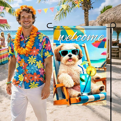 BlissYard Welcome Summer Shih Tzu Garden Flag 12x18 Double Sided Vertical Outdoor Decor Beach Chair Dog Yard Lawn Patio Tropical Poolside Banner