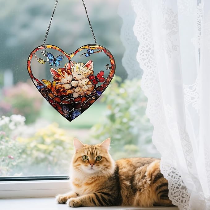 Stained Glass Window Hanging, Sleeping Cats Suncatcher for Window Decoration, Heart-Shaped Cat Butterfly Sun Catcher Christmas Birthday Gifts for Cat Lover 9.8 in (Cats)