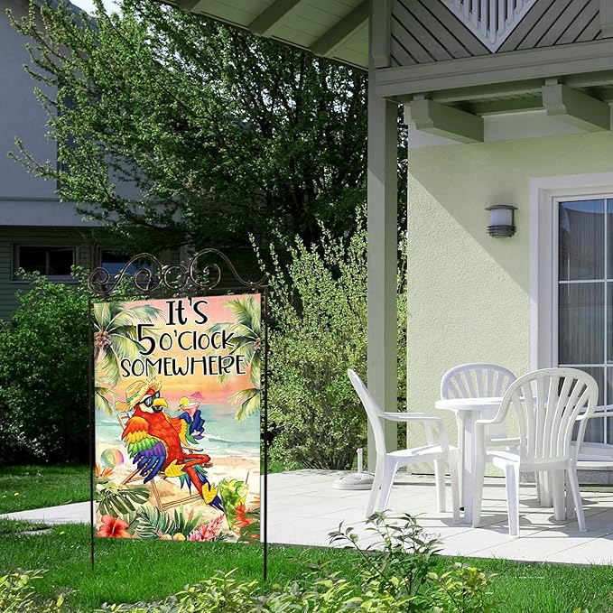 Summer House Flags for Outdoor Decoration, It's 5 O'clock Somewhere Beach Parrot Large Yard Flag, Seasonal Decorative Celebration Decor for Spring Farmhouse Holiday Outside 28x40 Inch Vertical Double Sided