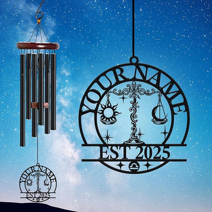 Personalized Customize Name 12 Zodiac Signs Wind Chime, Metal Iron 37 Inch Outdoor Memorial Gift for Garden Yard Patio Home Decor, Black (Libra)