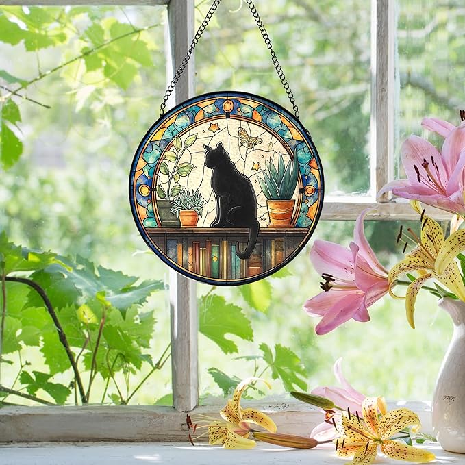 Black Cat Stained Glass Window Hanging, Book Lovers Suncatchers Sun Catchers Indoor Window Glass Wall Art, Book Reader Gifts, Black Cat Round Wall Hanging Decor, 7.9x7.9in,