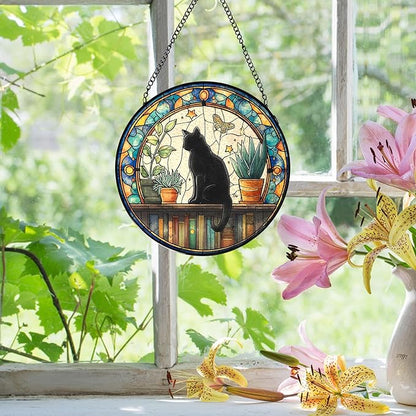 Black Cat Stained Glass Window Hanging, Book Lovers Suncatchers Sun Catchers Indoor Window Glass Wall Art, Book Reader Gifts, Black Cat Round Wall Hanging Decor, 7.9x7.9in,