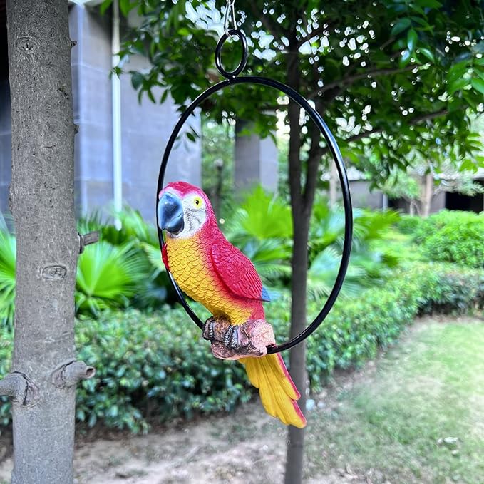 Parrot Bird Perched Statue Hanging Ring for Garden and Home Decor - Parrot Dimensions 9.8" High