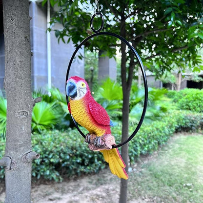 Parrot Bird Perched Statue Hanging Ring for Garden and Home Decor - Parrot Dimensions 9.8" High
