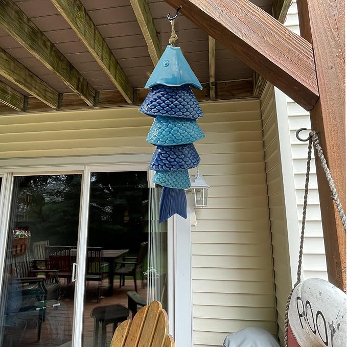 Koi Fish Wind Chime for Outside, 12 Inch Ceramic Wind Chimes with Gentle Tones for Patio Garden Yard, Porch, Beach Decor, Thoughtfully Weighted Design Prevents Constant Ringing.