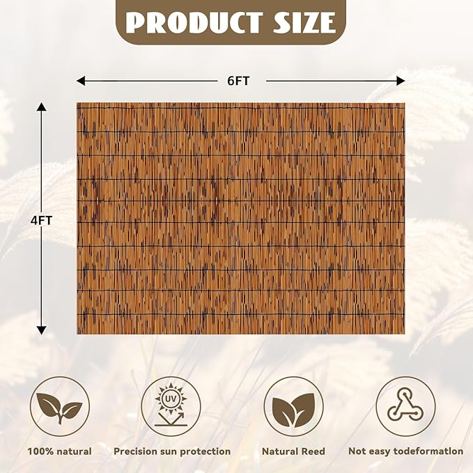 KOIUEYW Natural Reed Fencing Rolls, Decorative Bamboo Fencing 4ft High Roll Reed Screen Curtain, Light Russet