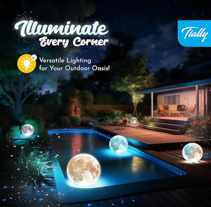 TIALLY Full Moon Floating Pool Lights Solar Powered - 14" Inflatable PVC Light Up Pool Balls for Swimming Pool, Solar Pool Lights that Float, Pool Owners (2 Pack)
