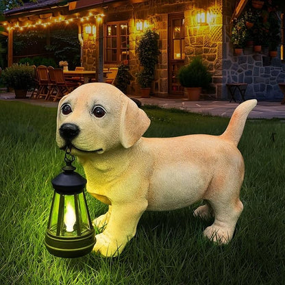 Outdoor Labrador Dog Statue with Interchangeable Welcome Sign and Detachable Solar Lantern –LED Light Garden Dog Sculpture Décor, Cute Puppy Design for Yard, Porch, Gift