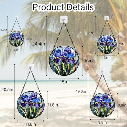 Stained Glass Window Hanging - Blue Purple Iris Flower Suncatcher for Door Garden Patio Sun Catchers Decor Christmas Mother's Day Birthday Gifts for Women Men Mom Nana Aunt Friend 11.8 in