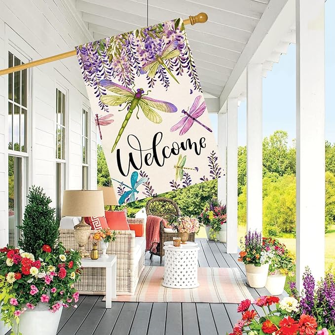 Baccessor Spring Summer Flower House Flag Wisteria Dragonfly Floral Welcome House Flag Burlap Double Sided Vertical Seasonal Farmhouse Wedding Yard Outdoor Decoration 28 x 40 Inch (Large)