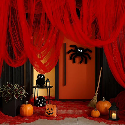 RunNico 197'' x 85'' Halloween Blood Red Scary Gauze, Bloody Haunted House Creepy Cloth, Spooky Fabric Hanging Decoration for Horror Themed Nightmare Party Wall Yard Doorway Porch Decor
