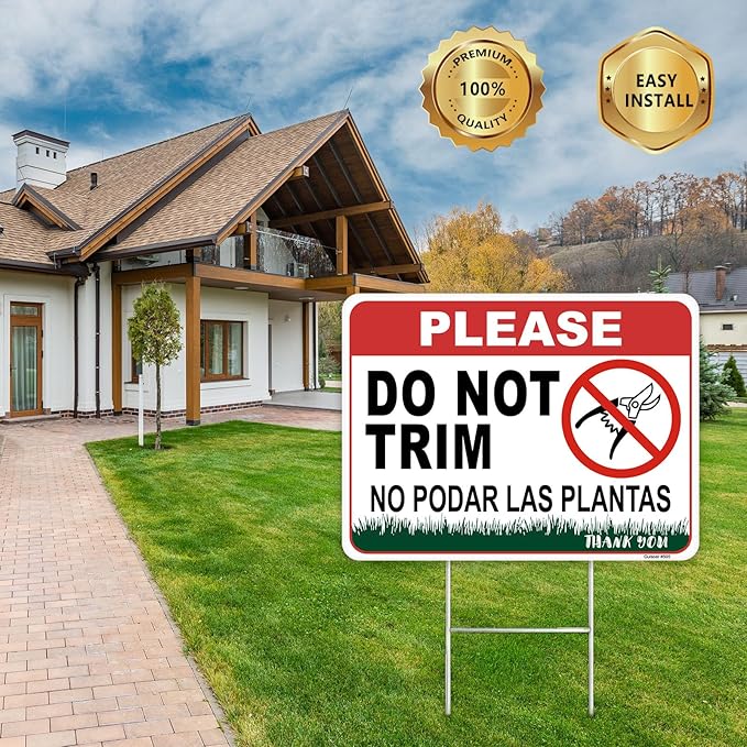 2 Pcs 12.6 X 9.4 Inch Corrugated Plastic Double Sided Do Not Trim Yard Signs with Metal Stakes,Plant Signs Bilingual Garden Markers for Outdoor Lawn