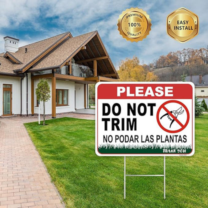 2 Pcs 12.6 X 9.4 Inch Corrugated Plastic Double Sided Do Not Trim Yard Signs with Metal Stakes,Plant Signs Bilingual Garden Markers for Outdoor Lawn