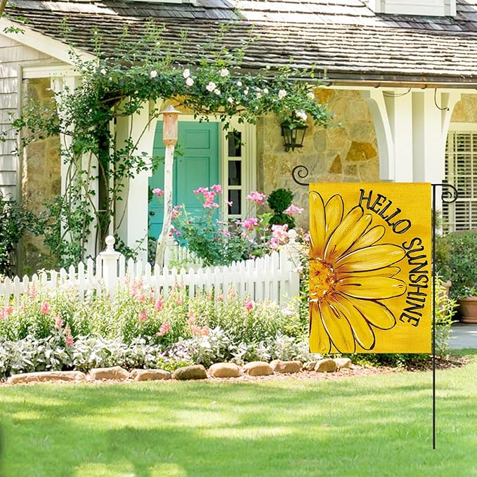 AVOIN colorlife Hello Sunshine Garden Flag 12x18 Inch Double Sided Outside, Summer Spring Floral Daisy Yard Outdoor Flag Yellow