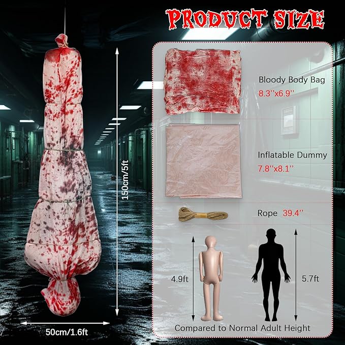 5ft Halloween Hanging Decoration, Inflatable Scary Prop with Gauze Wrap and Rope, Creepy Haunted House & Yard Decor for Outdoor Indoor Party Scenes (Assembly Needed)