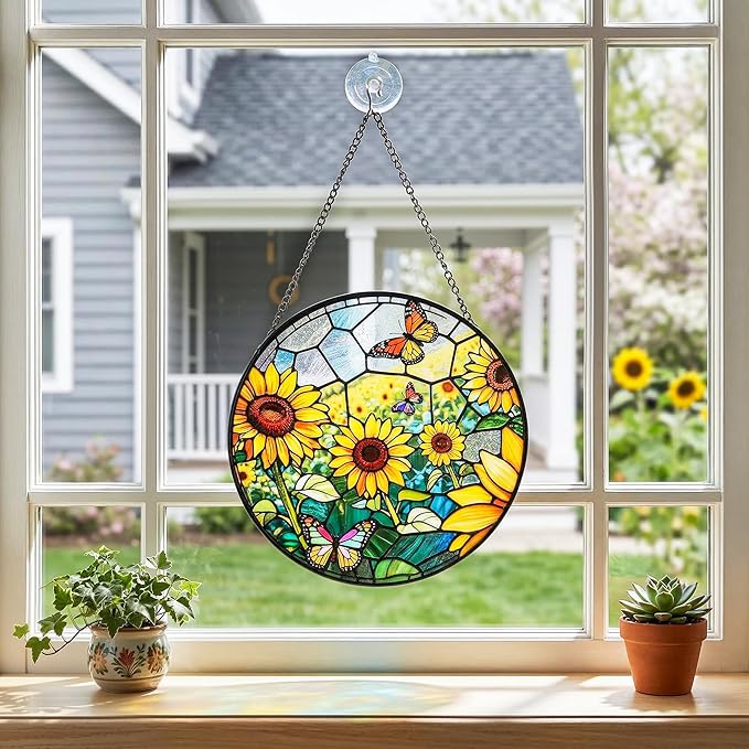 Stained Glass Window Hanging, Sunflowers Suncatcher 7.8 in Sun Catcher Glass Panel Boho Wall Art Decor with Chain Diamond Glass Panel Hangings Scenery Sun Catchers Decor for Lover Couple Mom