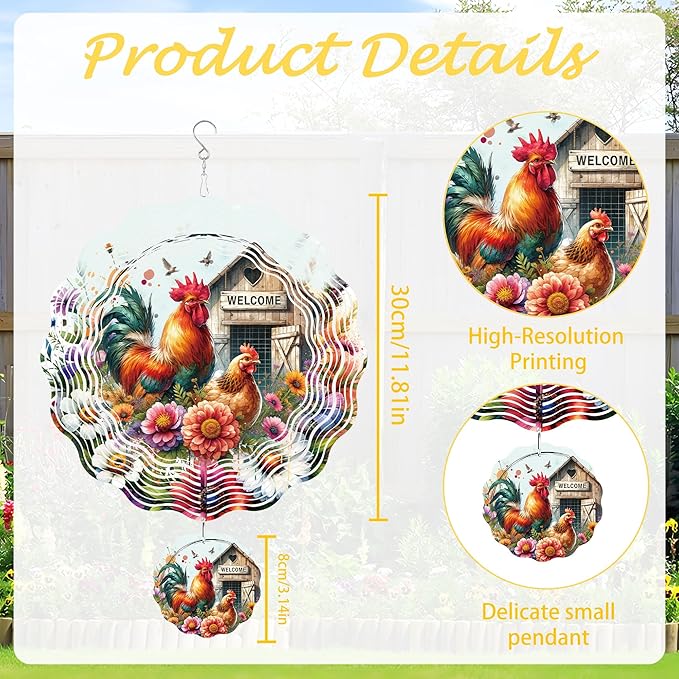 Wind Spinner Hanging Outdoor Decor, 12 Inch 3D Rooster Farmhouse Metal Kinetic Wind Spinners for Garden Yard Patio, Stainless Steel Laser Cut Art Gifts for Women Outdoor Decorations