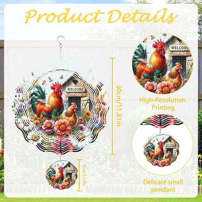 Wind Spinner Hanging Outdoor Decor, 12 Inch 3D Rooster Farmhouse Metal Kinetic Wind Spinners for Garden Yard Patio, Stainless Steel Laser Cut Art Gifts for Women Outdoor Decorations