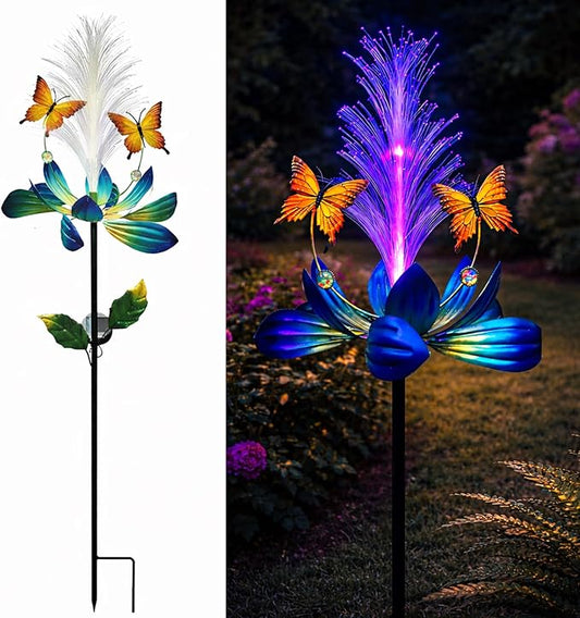 Solar Wind Spinner Outdoor, 49" Lotus Flower & Butterfly Metal Wind Spinner with Color-Changing Fiber Optic Solar Lights, Kinetic Garden Windmill Yard Art for Lawn Patio Pathway Decor