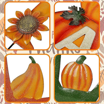 Juegoal 4 Pcs Fall Decorative Garden Stakes, 24 Inch Letter Metal Yard Sign with Pumpkins, Outdoor Art Stake for Thanksgiving Decorations Autumn Harvest Patio Lawn Walkway, Style A