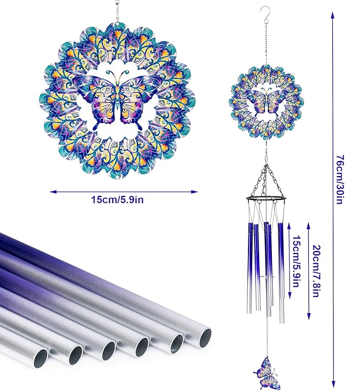 TUOKING Wind Chimes for Outside Butterfly Wind Spinner Windchimes Hanging Decoration for Outdoor Yard Garden Patio, Unique Gift for Mom,Women,Chimes Lovers