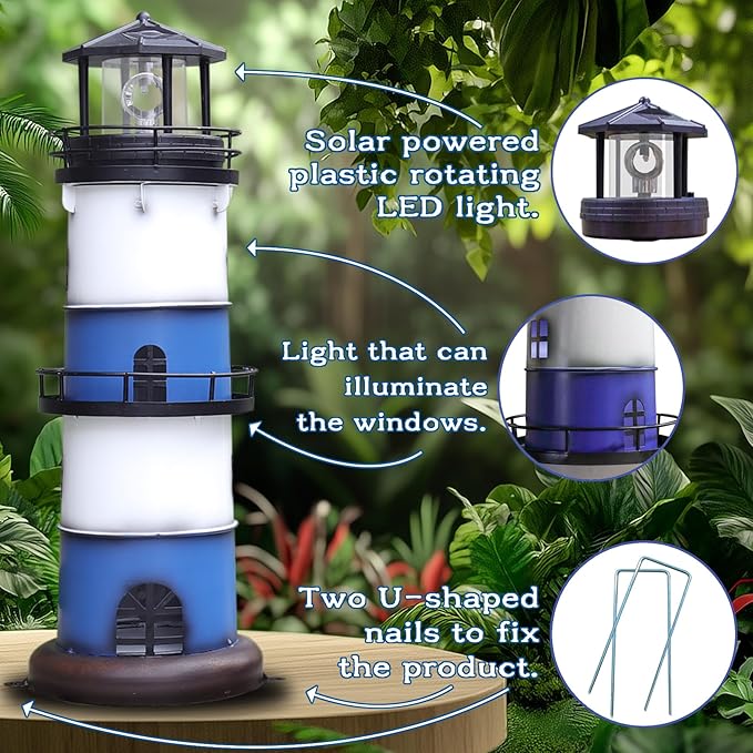 Solar Metal Lighthouse - Outdoor Garden Lighthouse with Rotating LED Light, Water Resistant, Blue, Round