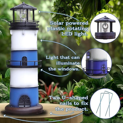 Solar Metal Lighthouse - Outdoor Garden Lighthouse with Rotating LED Light, Water Resistant, Blue, Round