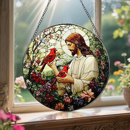 8-Inch Jesus with Cardinals Suncatcher Ornament, Stained Glass Window Hanging & Religious Christmas Ornament, Christian Window Decor — Memorial Gift, Christian Gifts for Her, Religious Gifts