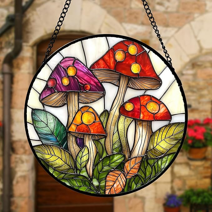 DASTOLL Stained Glass Window Hanging, Mushroom Leaves Suncatcher for Doors Home Sun Catchers Decoration and Christmas, Mother's Day Birthday Gifts for Women, Men, and Mom 9.8 in