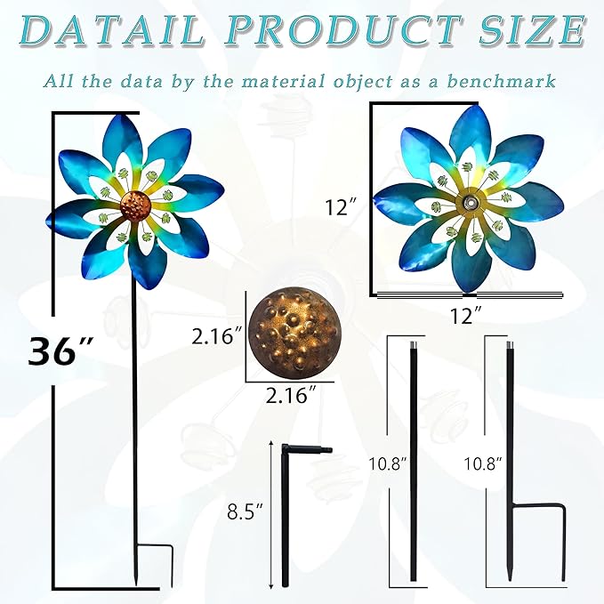 COOZZYHOUR Outdoor Metal Flower Wind Spinners,36 Inch Blue Flower Windmill with Stake,Pinwheels for Yard Lawn Patio and Garden Decor-Blue