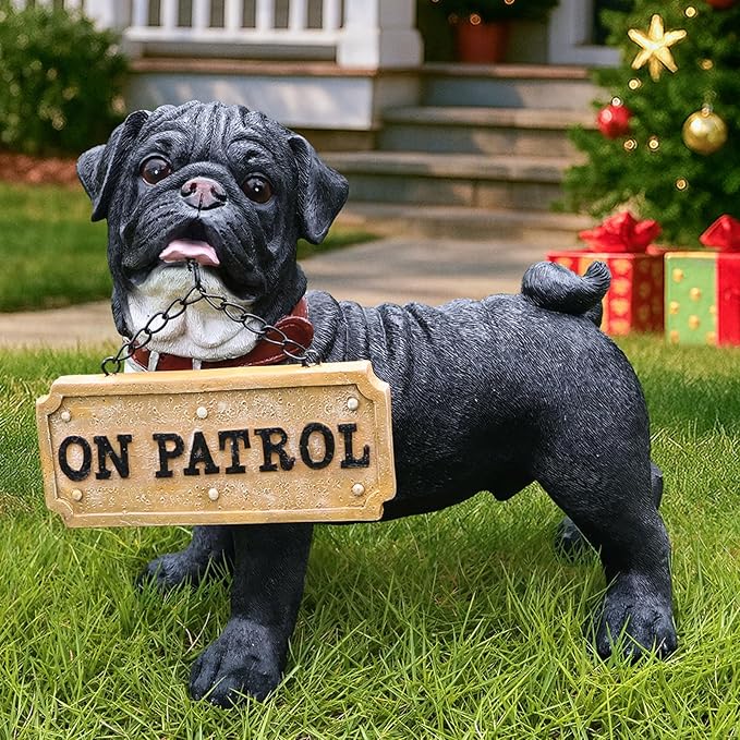 Black Pug Front-Door Greeter with Solar Lantern & Double-Sided Sign, Standing Pug Yard Statue for Planters, Walkways & Porch Seating