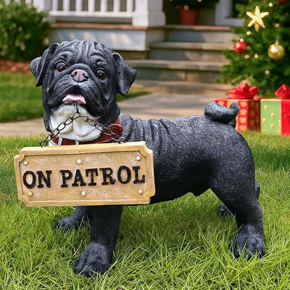 Black Pug Front-Door Greeter with Solar Lantern & Double-Sided Sign, Standing Pug Yard Statue for Planters, Walkways & Porch Seating