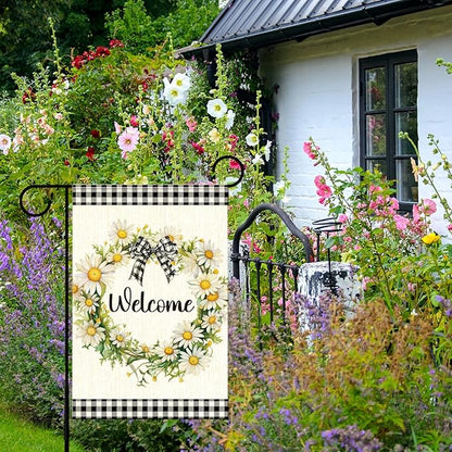 Daisy Wreath Welcome Garden Flags for Outside,Spring Flowers Garden Flag Yard Lawn Porch Flag for Outdoor Decorations 12x18 Inch Double Sided