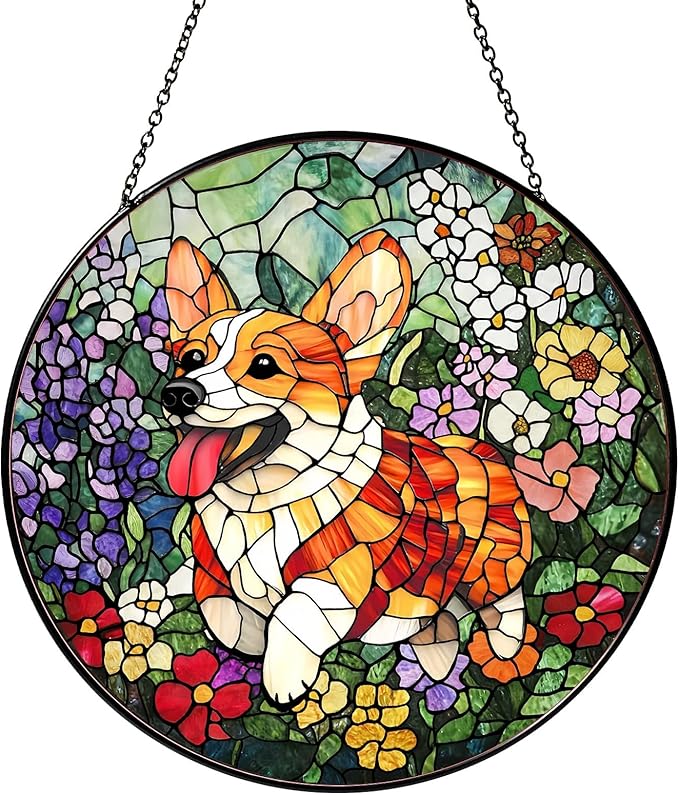 Corgi Stained Glass Window Hanging Corgi Flowers Sun Catcher Decor Dog Lover Gifts for Women Christmas Suncatchers for Garden Home Windows Hanging Decoration, 7.87inch