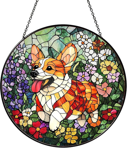 Corgi Stained Glass Window Hanging Corgi Flowers Sun Catcher Decor Dog Lover Gifts for Women Christmas Suncatchers for Garden Home Windows Hanging Decoration, 7.87inch